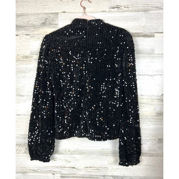 Sanctuary Women’s L All Nighter Black Sequin Mock Neck Zipper Lined Blouse NWT - Picture 4 of 8